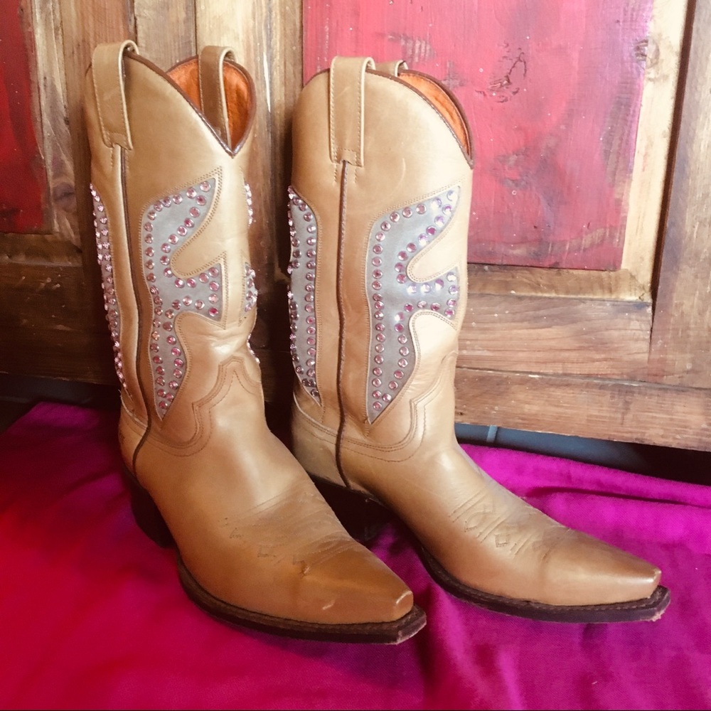 Gold FRYE cowboy boots w/ real Swarovski gems 8.5